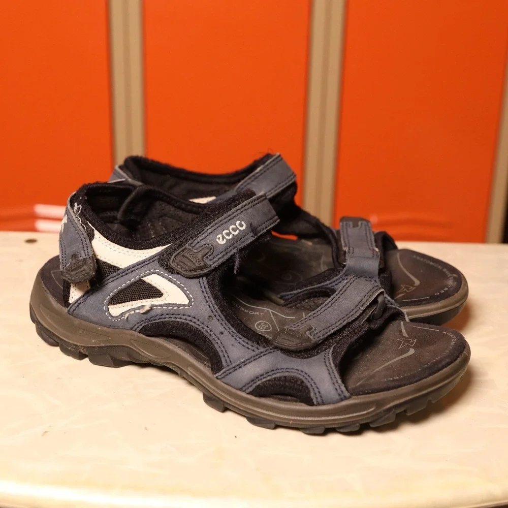 ECCO Mens Sport Sandals Navy Blue Black Leather Hiking Trail Shoes 39 US‎ 8-8.5